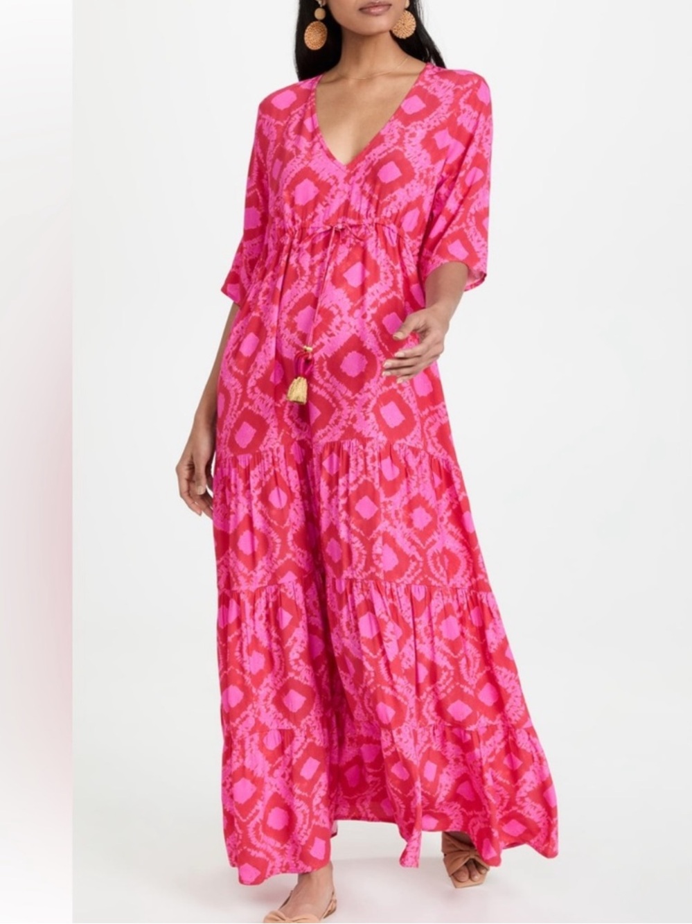 Figue Kalila Maxi Dress Tassel V-Neck Pink Made in India Size XL